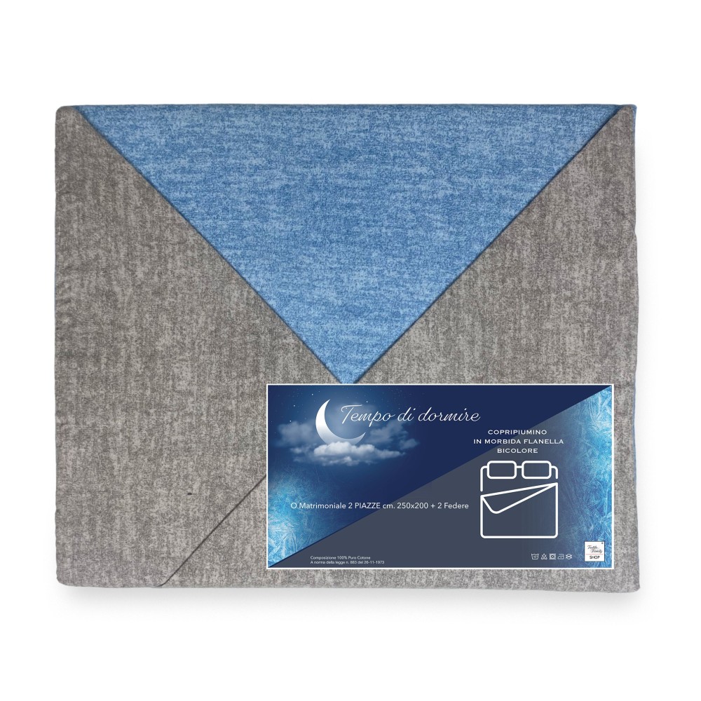Funda nórdica de franela FLANELLATO BICOLOR GRIS y Azul de Puro Algodón