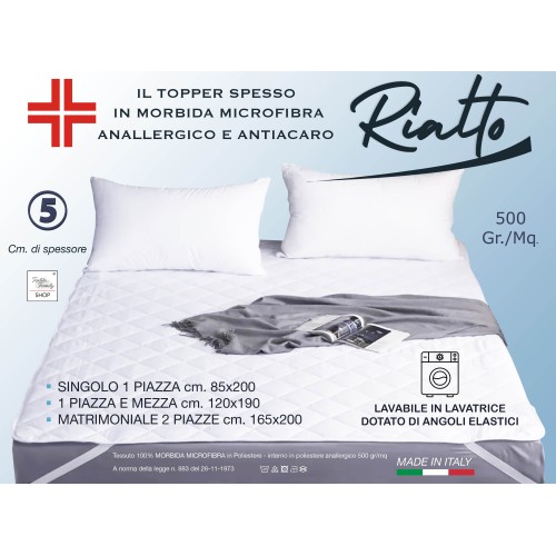 TOPPER RIALTO Per Materasso in Microfibra 500 Grammi al Metro Correttore Trapuntato spessore 5 cm. Anallergico Made in Italy