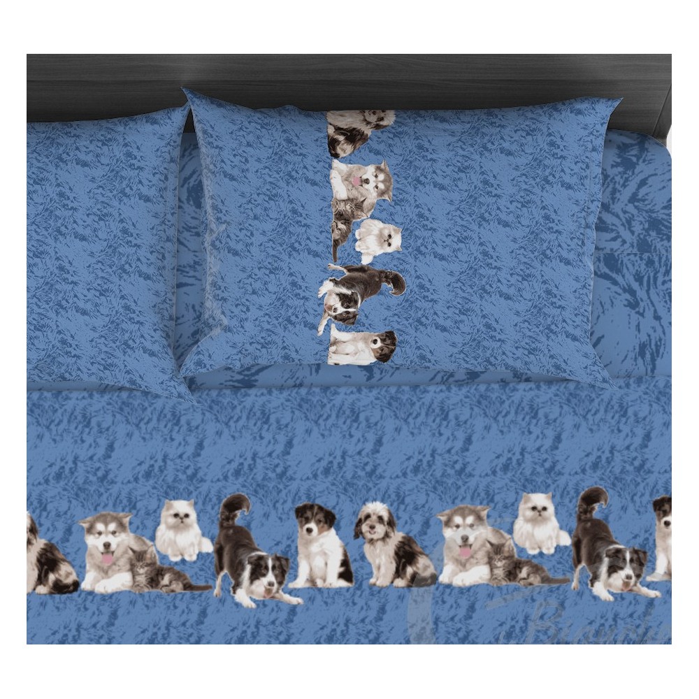 SHEET SET Friends DOGS and CATS in Pure Cotton Made in Italy