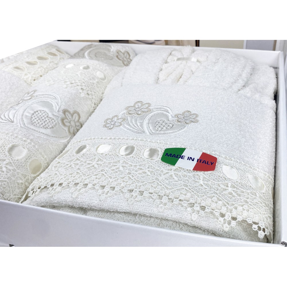 CAORI BADESET FROTTEE-BADEMÄNTEL BESTICKT MIT MAKRAMEE-SPITZE 8-teilig IDEA SPOSA
