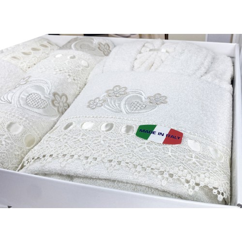 CAORI BADESET FROTTEE-BADEMÄNTEL BESTICKT MIT MAKRAMEE-SPITZE 8-teilig IDEA SPOSA