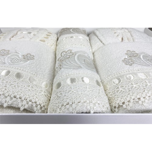 CAORI BATH SET TERRY BATHROBES EMBROIDERED WITH MACRAMÉ LACE 8 Pieces IDEA SPOSA