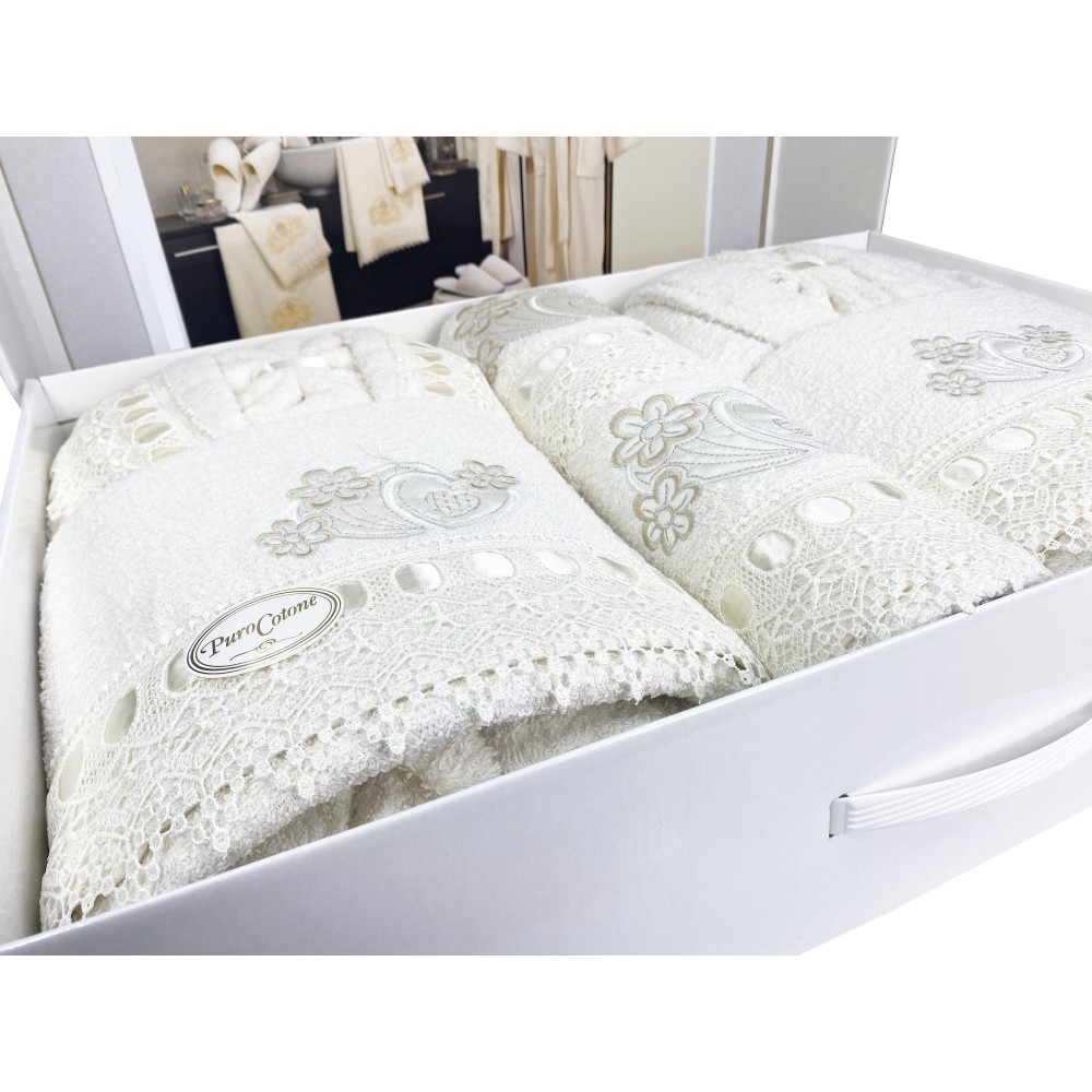 CAORI BATH SET TERRY BATHROBES EMBROIDERED WITH MACRAMÉ LACE 8 Pieces IDEA SPOSA