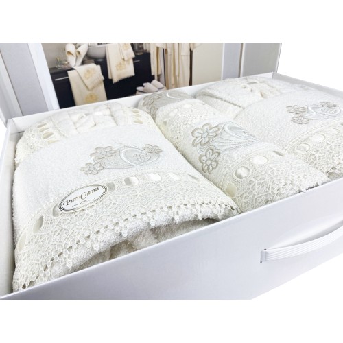 COMPLETO bagno CAORI Accappatoi IN SPUGNA ricamato CON PIZZO MACRAMÈ 8 Pezzi IDEA SPOSA
