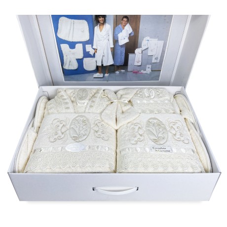 COMPLETO bagno IN SPUGNA Ricamato con Pizzo Macramè 14 PEZZI IDEA SPOSA