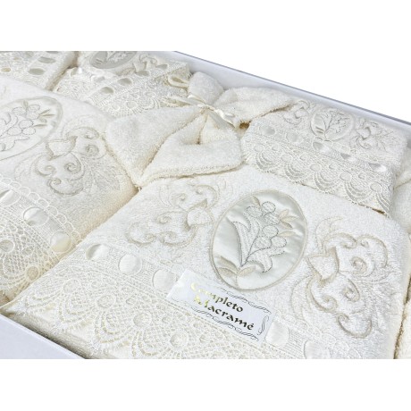 TERRY TOWEL BATH SET Embroidered with Macramé Lace 14 PIECES IDEA SPOSA 2