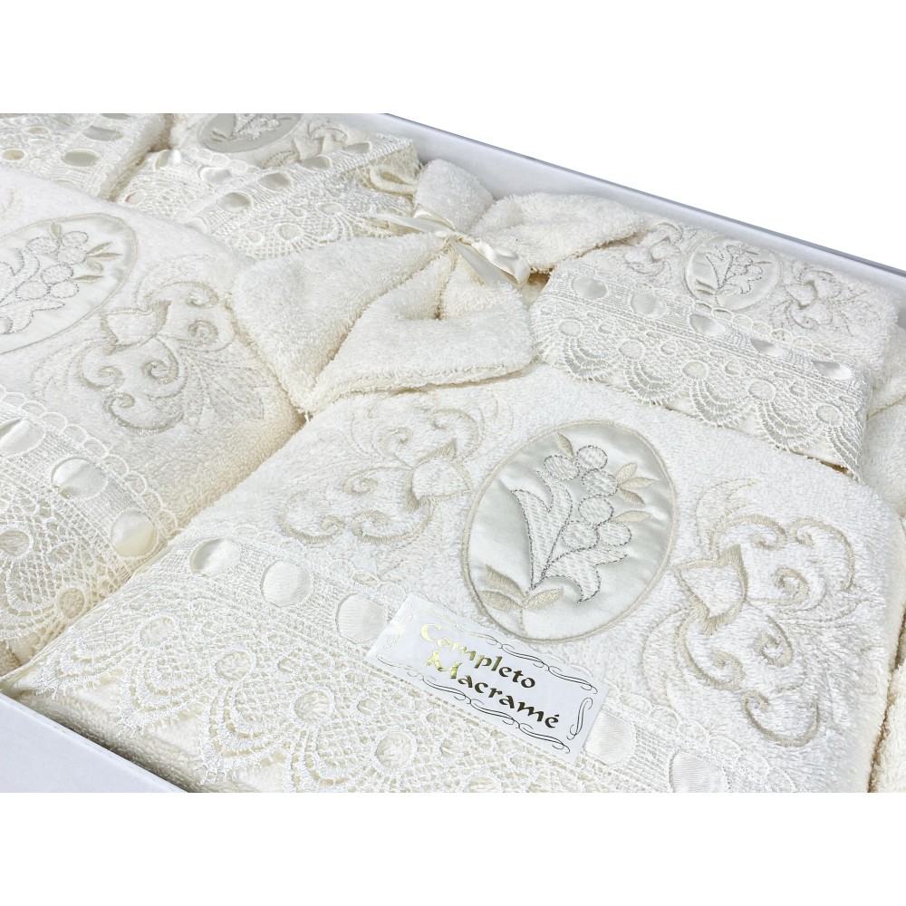 TERRY TOWEL BATH SET Embroidered with Macramé Lace 14 PIECES IDEA SPOSA