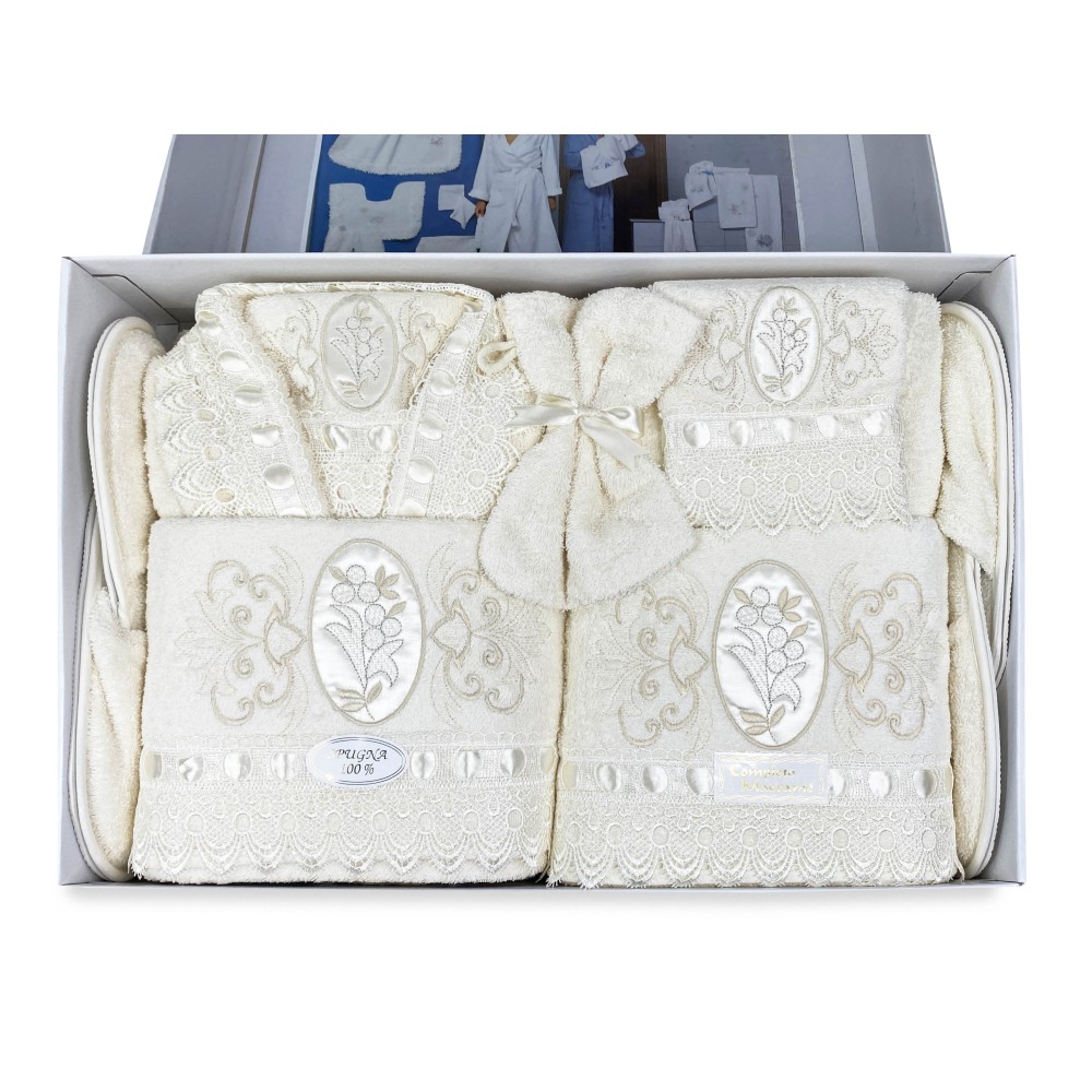 COMPLETO bagno IN SPUGNA Ricamato con Pizzo Macramè 14 PEZZI IDEA SPOSA