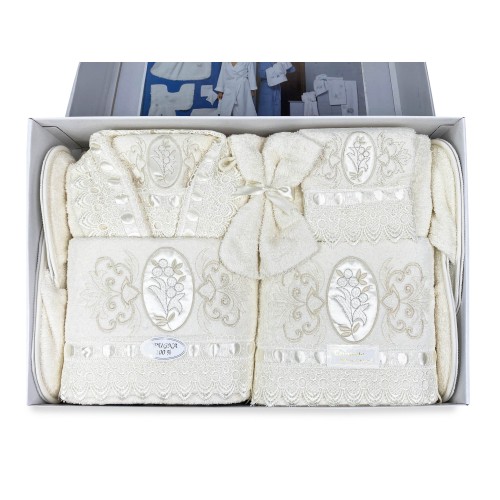 COMPLETO bagno IN SPUGNA Ricamato con Pizzo Macramè 14 PEZZI IDEA SPOSA