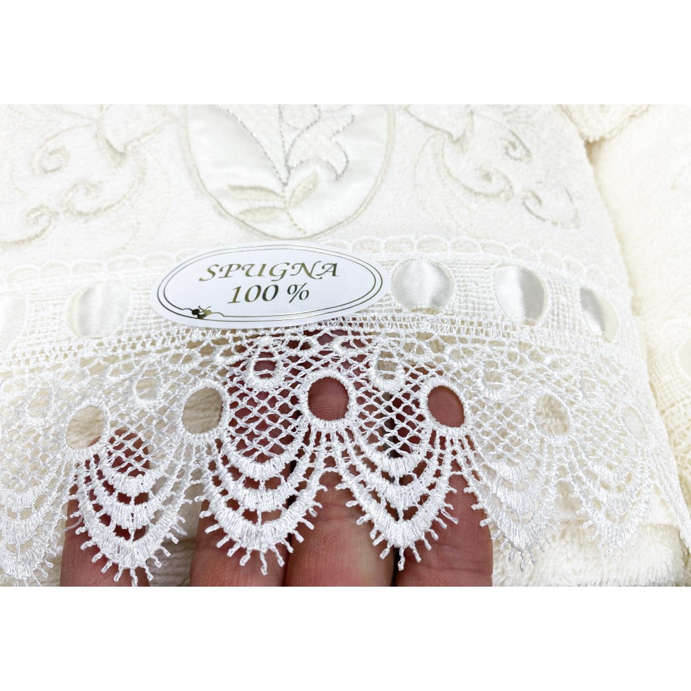 COMPLETO bagno IN SPUGNA Ricamato con Pizzo Macramè 14 PEZZI IDEA SPOSA