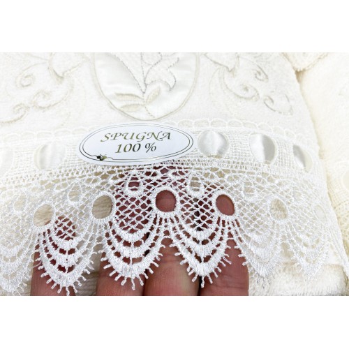 COMPLETO bagno IN SPUGNA Ricamato con Pizzo Macramè 14 PEZZI IDEA SPOSA