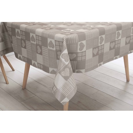 Water-repellent oilcloth tablecloth with hearts on beige