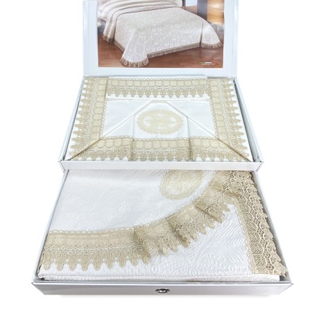Sábana y colcha con encaje macramé crudo, ideal como regalo de novia