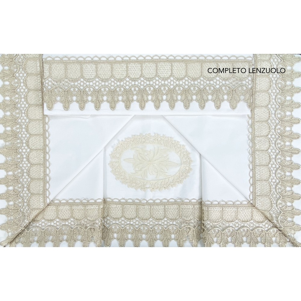 BAULETTO JENNY CON pizzo MACRAMÈ ECRÙ MATRIMONIALE lenzuolo e COPRILETTO idea SPOSA