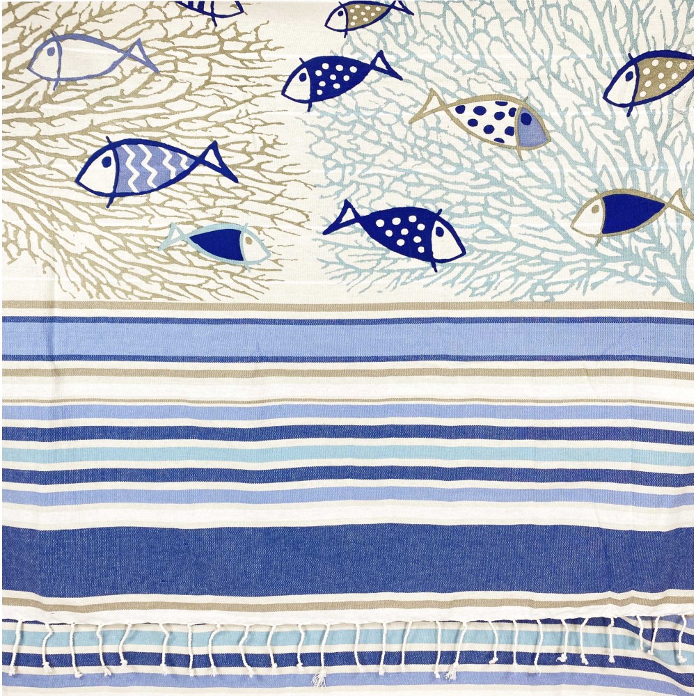 Toalla de playa en foutà de puro algodón con flecos anudados de cm. 100x200