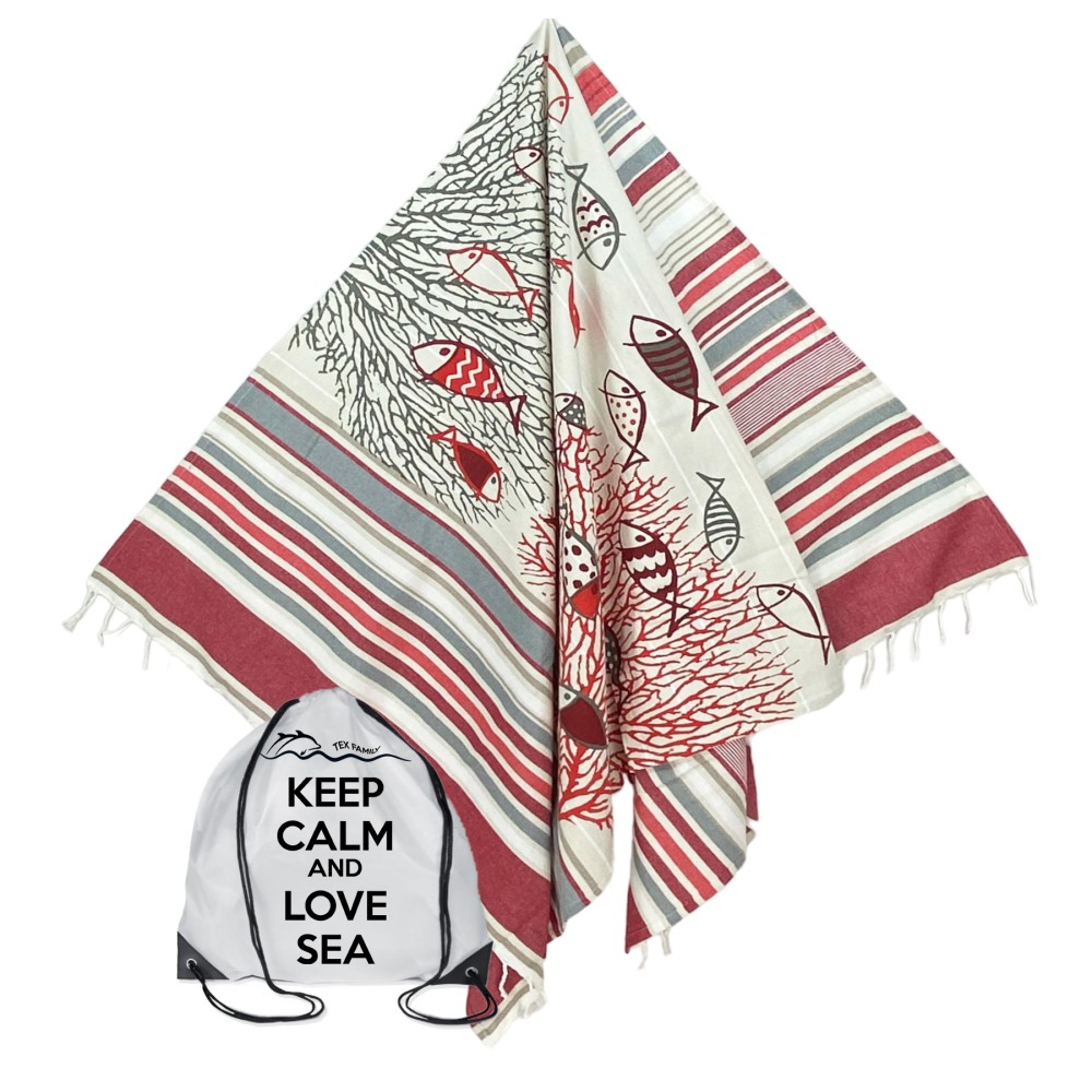 Fouta cotton beach towel with red corals