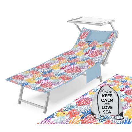 BEACH TOWEL TEDDY SUNBED Multicolored Corals In microfiber WITH POCKETS SIZE cm. 80 X 190