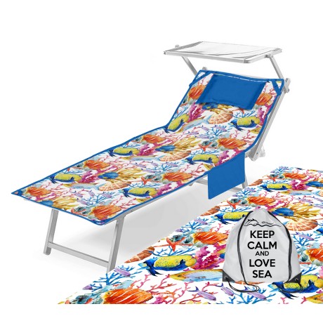 beach towel with a sun lounger with corners with colorful fish