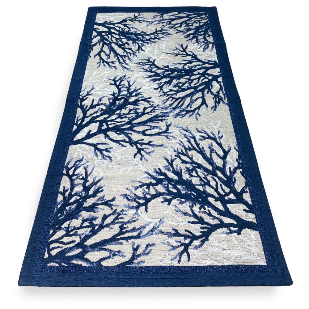 Teppich made in Italy mit Korallen auf dem Blau im Meeresstil, eingefasst in blau, Made in Italy