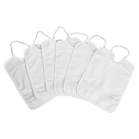 SET 6 BABEROS DE BEBÉ EN COLOR LISO TODO BLANCO CON ELÁSTICO DE PURO ALGODÓN CON LONA AIDA PARA BORDAR EL NOMBRE