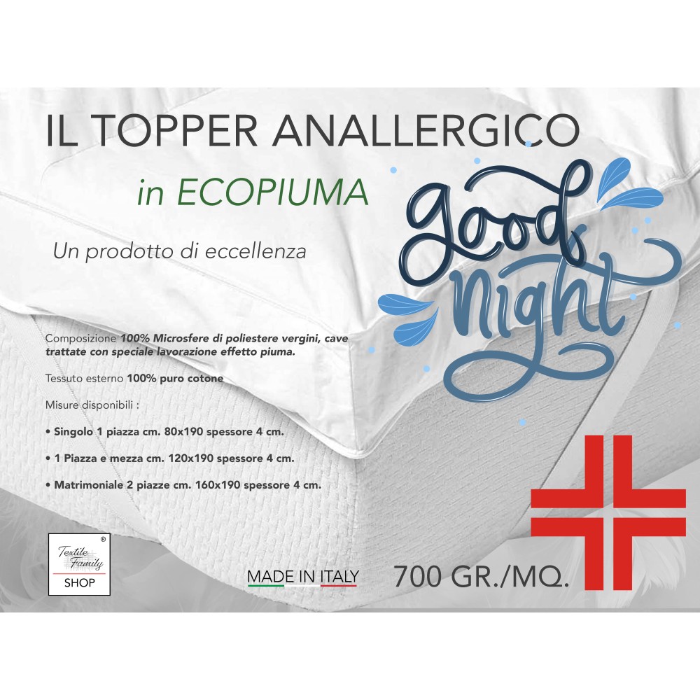 TOPPER pour matelas HYPOALLERGÉNIQUE EFFET PLUME BONNE NUIT dans Microsphères Made in Italy