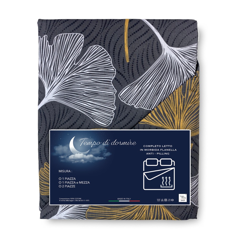Feuille de flanelle aux pétales d’or sertie de fleurs stylisées blanches et dorées sur fond gris