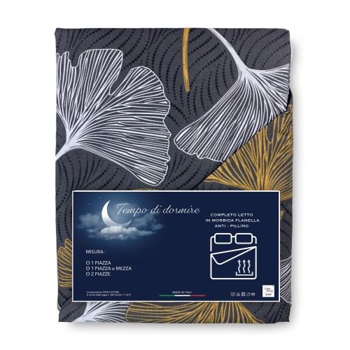 Completo lenzuola flanella Petali Oro con fiori stilizzati bianchi e oro su fondo grigio