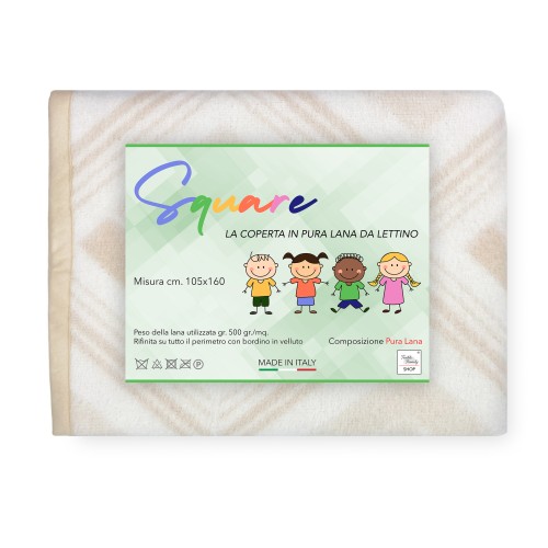 COPERTA SQUARE Bambini in vera Pura LANA da LETTINO morbida e Calda colore Naturale