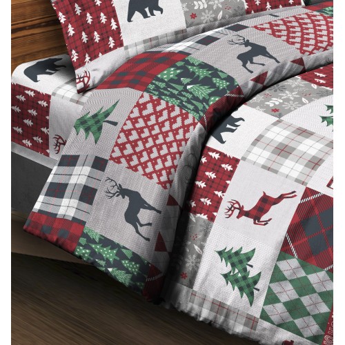Abstraktes Tiroler Flanell-Deckenset mit Karomustern, Kiefern, Hirsch- und Bärenbergstil