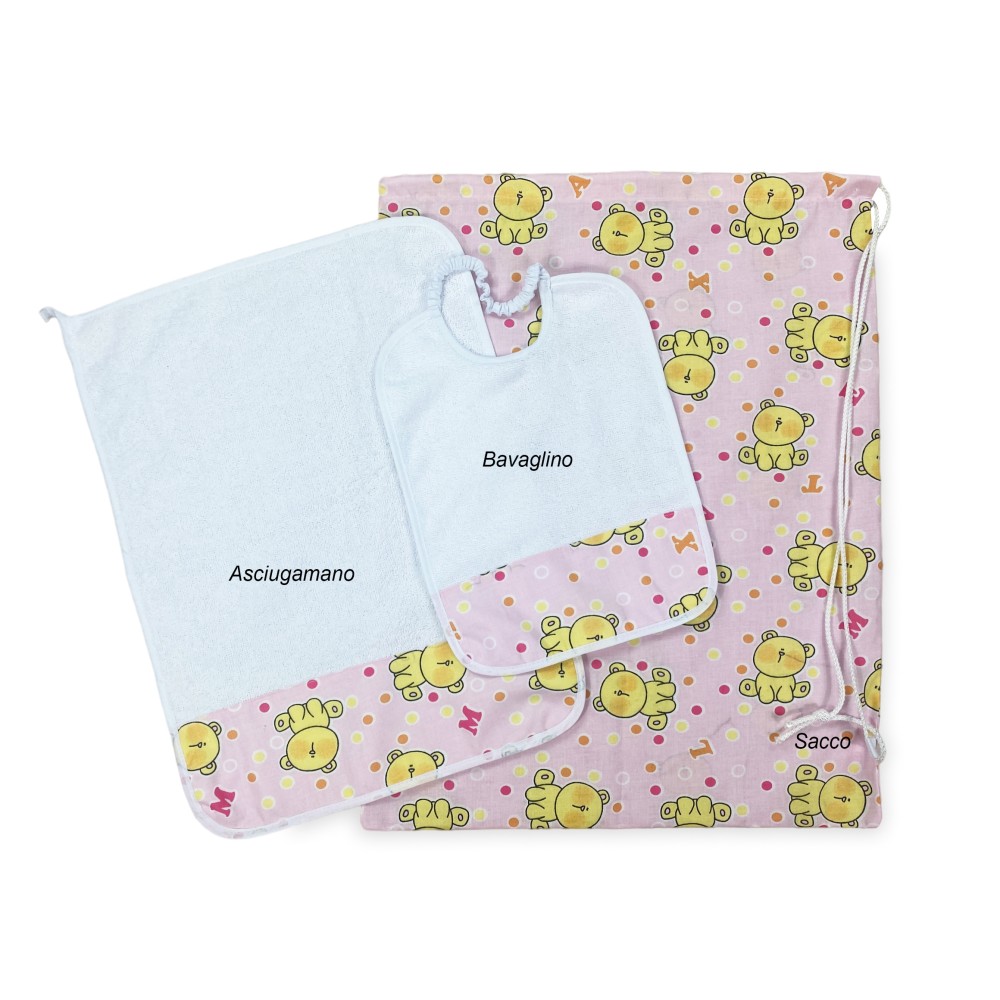 ENSEMBLE de maternelle Pierino Tris sac et serviette et bavoir dessin teddy bear