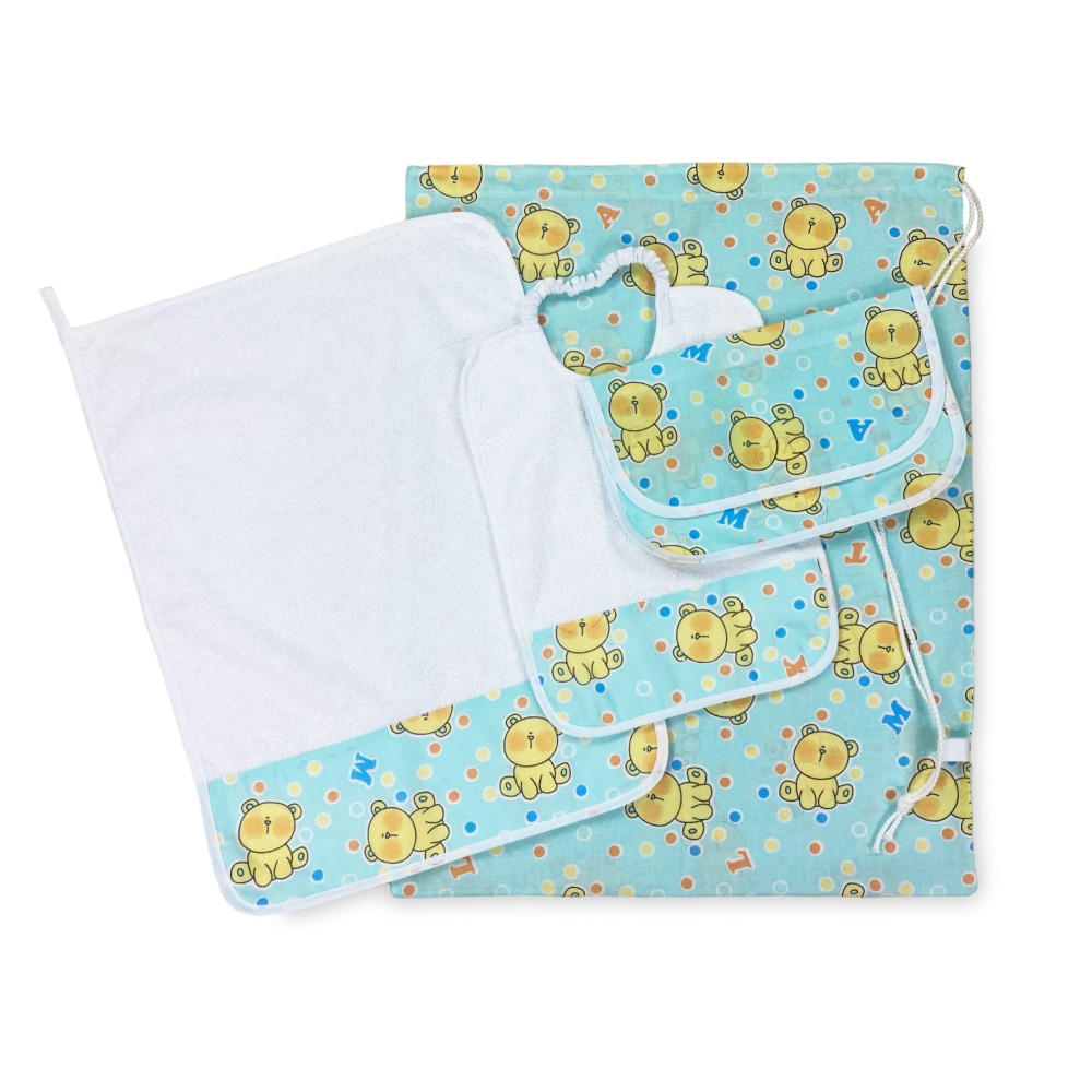 SET ASILO Pierino 4 PIEZAS Saco y TOALLA y Babero y BOLSITA Diseño osito de peluche