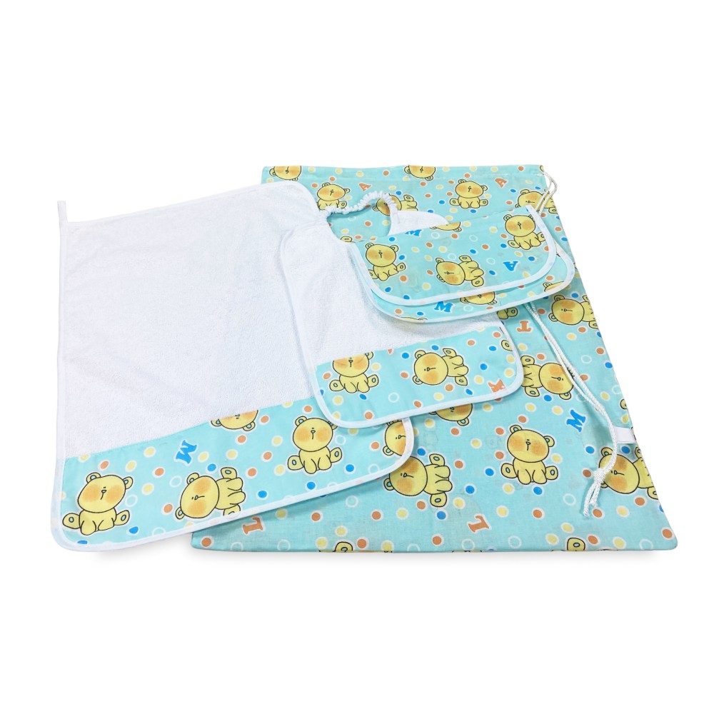 SET ASILO Pierino 4 PIEZAS Saco y TOALLA y Babero y BOLSITA Diseño osito de peluche
