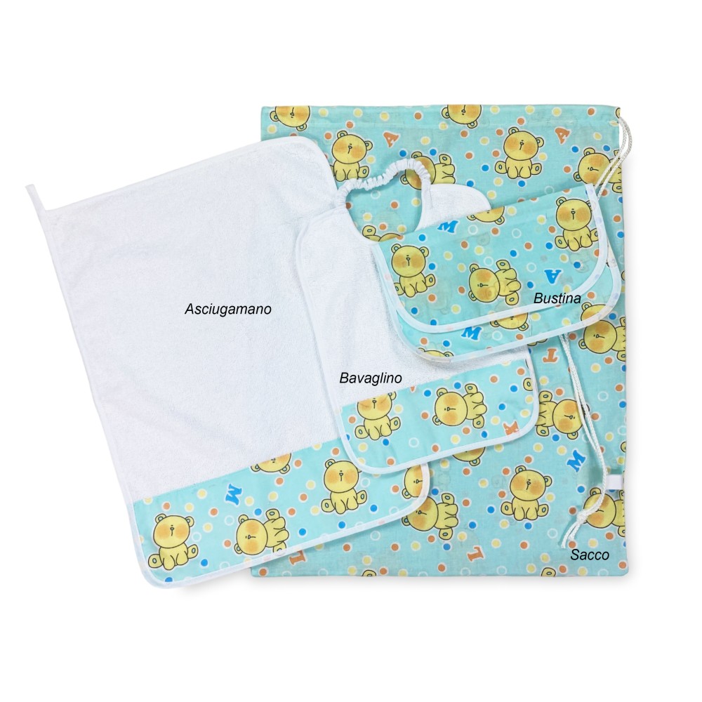 SET ASILO Pierino 4 PIEZAS Saco y TOALLA y Babero y BOLSITA Diseño osito de peluche