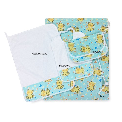 SET ASILO Pierino 4 PIECES Sack and TOWEL and Bib and SACHET Teddy Bear Design