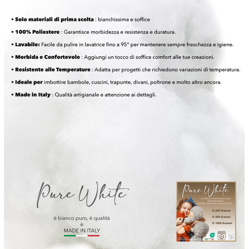 Ouate douce et floconneuse 100% polyester Fabriqué en Italie pour le garnissage Poupées, Coussins et Créations DIY, Blanc Pur