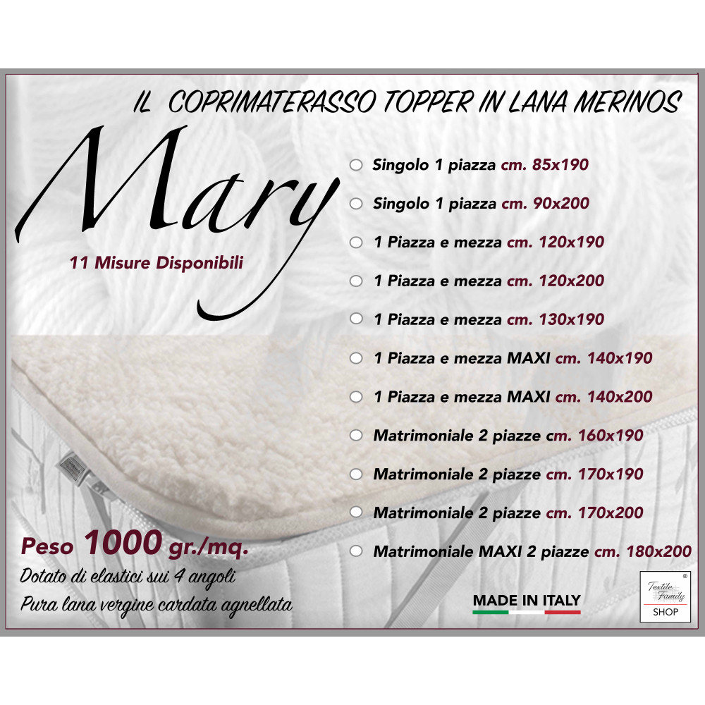 COPRIMATERASSO Topper MARY in vera LANA MERINOS 1000 gr. in 11 misure differenti