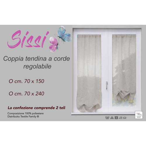 PAAR MODERNE GLAS SISSI Vorhang cm 70 breit Verstellbar mit BEIGE KORDEL