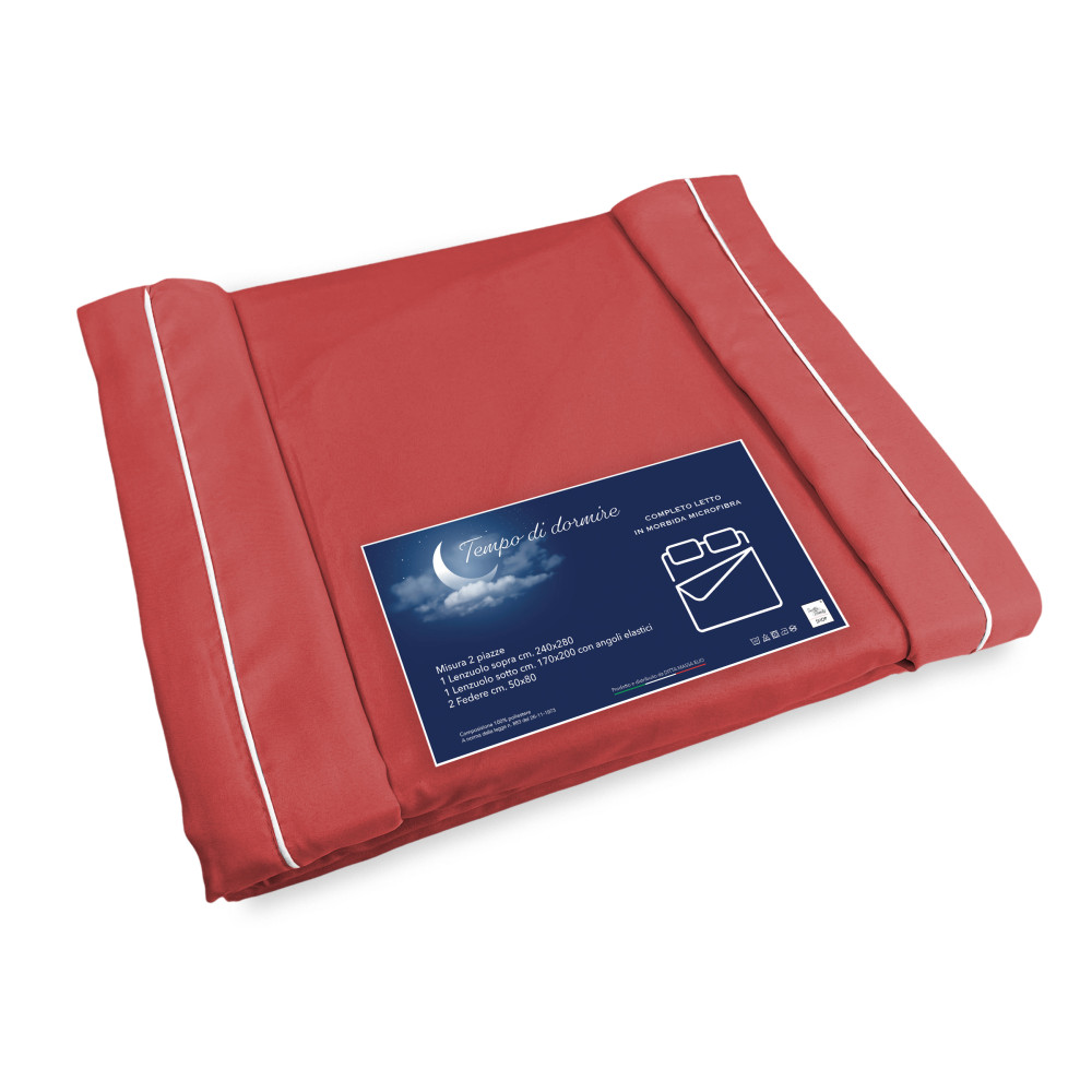 SHEET SET in soft microfiber SOLID RED 2 SQUARE double bed no iron
