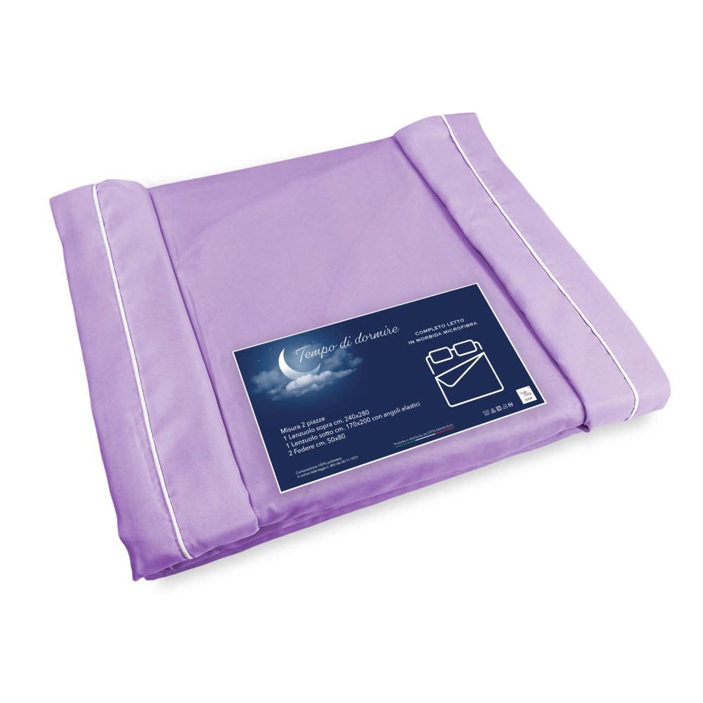 FEUILLE COMPLÈTE en microfibre souple COULEUR UNIE LILAS Double 2 CARRÉS pas de repassage
