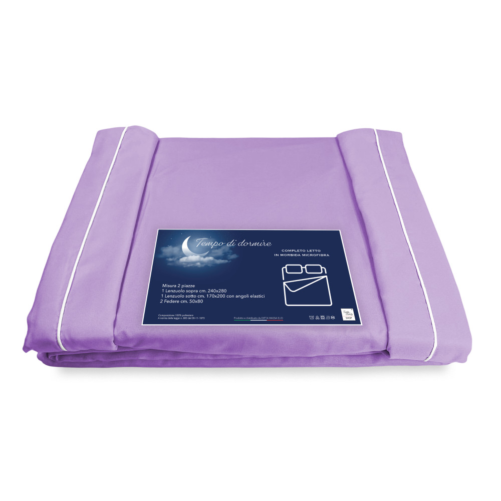 JUEGO DE SÁBANAS en microfibra suave COLOR LILA LILA Doble 2 CUADRADOS sin plancha