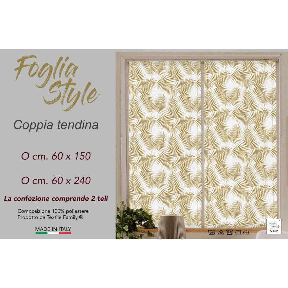 Coppia TENDINA a vetro FOGLIA STYLE OCRA larga cm. 60 da Finestra e da Porta