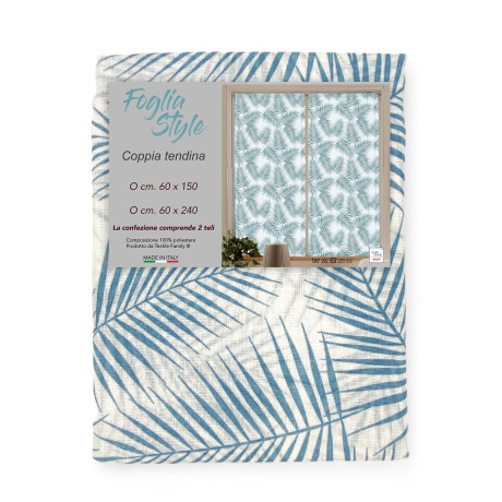 Coppia TENDINA a vetro FOGLIA STYLE BLU larga cm. 60 da Finestra e da Porta
