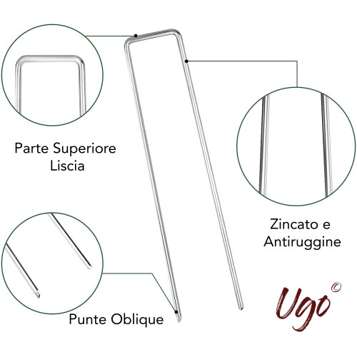 Piquetas de jardín multiusos UGO en forma de U de acero galvanizado para lona sintética de césped y mantillo