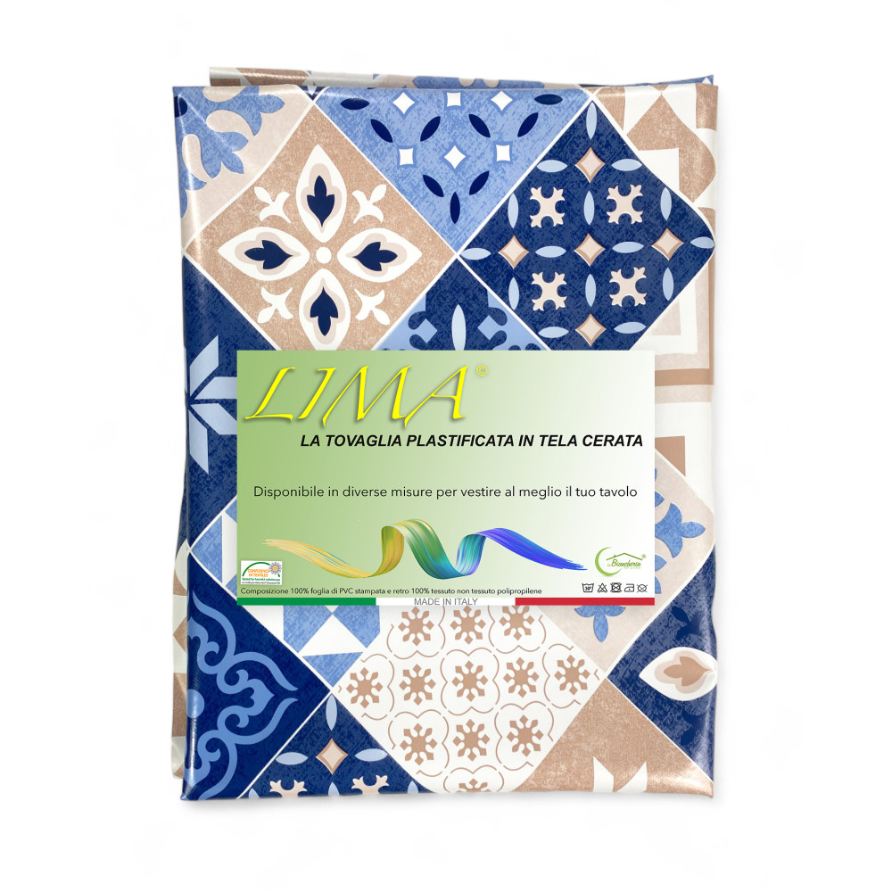 NAPPE LIMA © en TISSU TISSU laminé LAVABLE PVC hydrofuge MAJOLICA Bleu Fabriqué en Italie