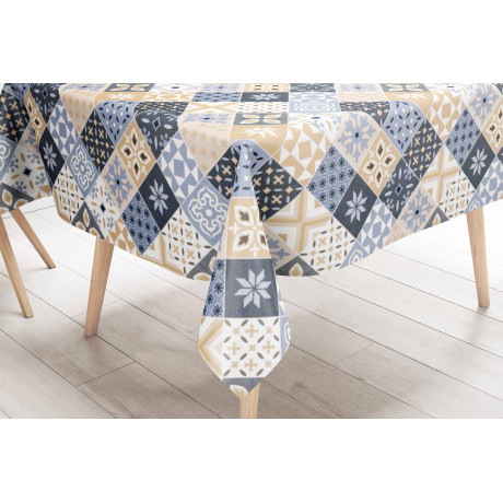 Mantel de hule con mayólica sobre azul