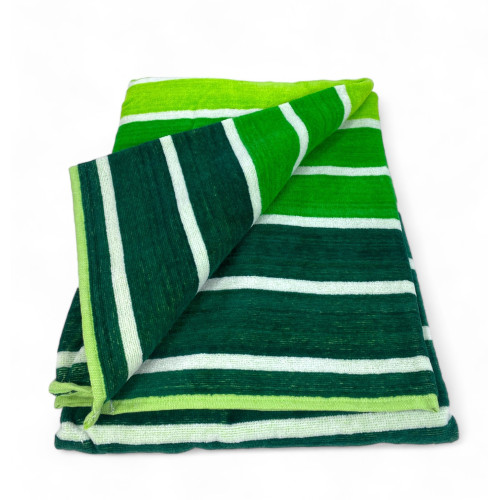 STRANDTUCH aus reinem Baumwollfrottee MULTISTRIPE Grün Größe cm. 90 X 165 und Strandrucksack