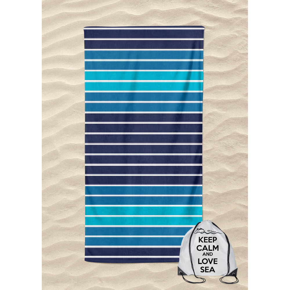SERVIETTE DE PLAGE en tissu éponge pur coton MULTIRIGA Bleu grande taille cm. 90 X 165 et sac à dos de plage
