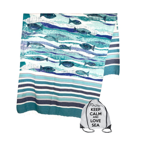 cotton beach towel with fringe drawn with fish on turquoise color