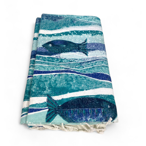 TELO MARE fouta Pesci Blu Grande CM.100X200 con zaino Spiaggia KEEP CALM