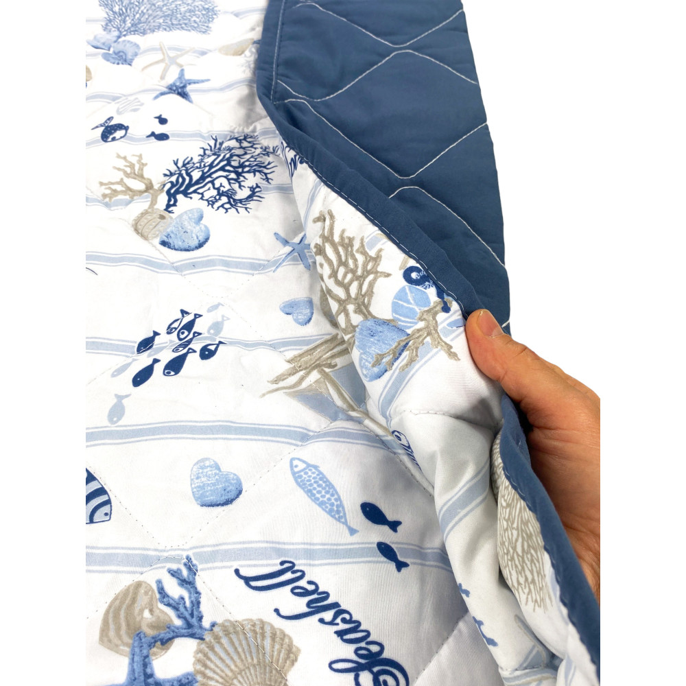 COPRILETTO Trapuntato FIOCCO MARE Coralli e Conchiglie con fondo a Righe Made in Italy
